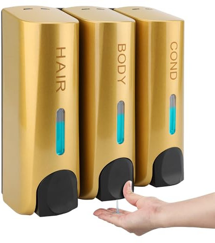 MEKOTRIN Dispenser di Sapone Liquido, Dispenser Manuale per Sapone da da 350 ml x 3, Dispenser da Parete per Disinfettante per Mani, Sapone, Shampoo e Balsamo per Bagno e Cucina, Oro