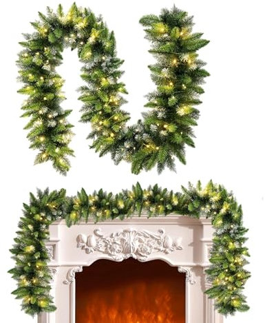 Weihnachtsgirlande mit Lichtern – Weihnachtsgirlande mit Lichtern, Girlande mit Lichtern, batteriebetriebene Grüngirlande, warmweiße Weihnachtsgirlande, 9 Fuß lange Girlande mit Lichtern, Kiefer für G