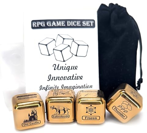 Fantasie-RPG-Würfel-Set – Hergestellt aus Edelstahl, Set enthält 4 Würfel, Aufbewahrungsbehälter, Samtbeutel, Anleitung und lasergeätzte Designs von Szenarien, Wetter, Magie und Passepartouts