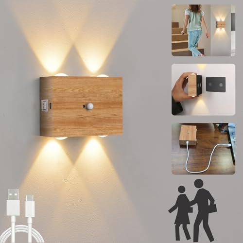 VOMI Wandleuchte Innen Akku Bewegungsmelder USB Aufladbar 3000K, 4000 mAh | 4W LED Magnetische Wireless Wandlampe Ohne Stromanschluss Up Down 2 Modi Holz Aluminium Lichtsensor Lampe für Schlafzimmer