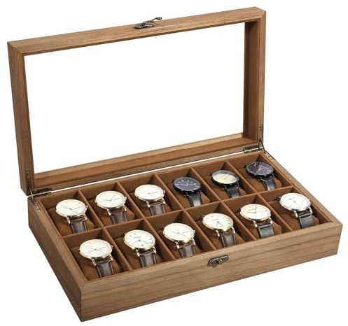 Uten Caja de Relojes con 12 Compartimentos, Caja para Reloje Madera, Tapa de Vidrio y Almohada Algodón Seda, Forro Marrón, para Exhibición y Almacenamiento de Relojes Joyería, Regalo Ideal