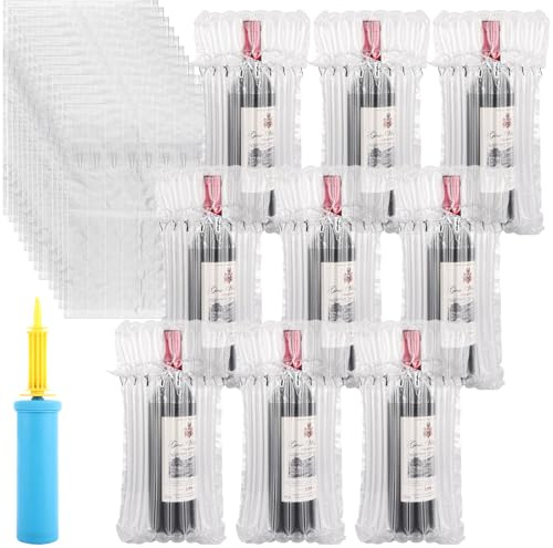 AHAQU 50PCS Wine Bottle Protectors, Reusable Bubble Wrap Bag, Inflatable Air Column Cushion Bag with 1 Pump for Airplane Travel, Transport, Safe Packaging