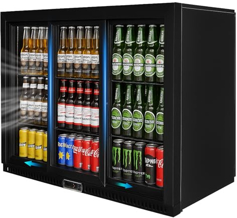 Bluelinecool Commercial Back Bar Cooler with 3 Glass Sliding Doors, 11.5 cu.ft Under Counter Beverage Refrigerator, LED Lighting - ETL Beer and Wine Cooler for Bar, Restaurant, Garage, Office, Home