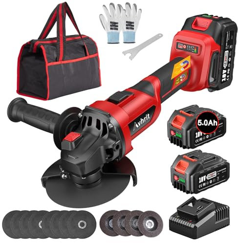 Avhrit Smerigliatrice angolare a batteria con 2 x 5,0 Ah, 9500 giri/min, smerigliatrice angolare da 125 mm, senza spazzole, batteria Flex con dischi da taglio, mola per taglio, rimozione della ruggine