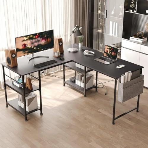 Aiorber Gaming Schreibtisch 140x140cm, L-förmiger Eckschreibtisch mit Steckdose & USB,Reversibler Computertisch, Schreibtisch mit 4 Ablagen und Seitentaschen für Homeoffice und Gaming