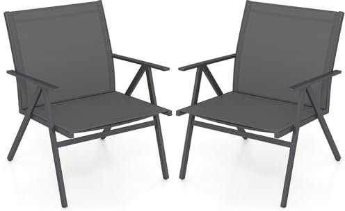 COSTWAY Gartenstühle 2er Set, Balkonstühle mit breiter Sitzfläche und atmungsaktivem Stoff, Terrassenstühle mit Armlehnen, bis 160 kg belastbar, für Garten, Terrasse, Balkon, Grau