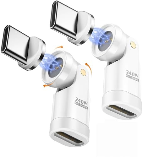 MoKo 240W USB C Adaptador Magnético,Adaptador Magnético USB-C con 180 ° 360 ° de Rotación,Ángulo‌ Recto Tipo C Conector de 90° para iPhone 17 Air 16 15 Pro MAX,MacBook/iPad,Galaxy,Switch 2,Blanco