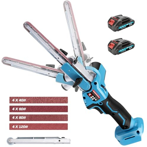 Cordless Belt Sander with 2x2.0Ah Battery, 6 Speeds, 100° Adjustable | Brushless Finger Sander with 3/8'' & 1/2'' Sanding Arms and 16 Sanding Belts(40/60/80/120#) for Wood, Metal (Tool Only)