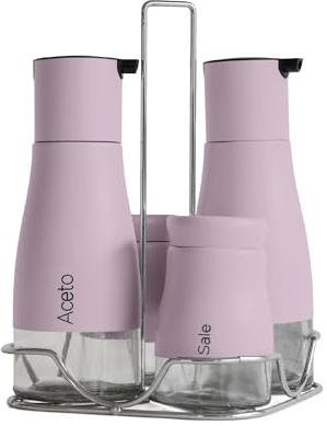 Set Condimento 4 Pezzi Olio Aceto Sale Pepe Vetro Acciaio Certificato Per Alimenti Organizzatore Acciaio Inox Con Stand In Metallo Condimenti Tavola Oliera Saliera Dispenser Tavola Organizer - Glicine