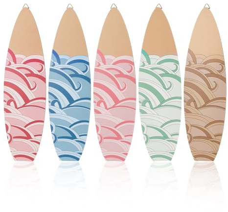 PH PandaHall 5pcs Surfboard Wooden Wall Decor 30x8.4cm Wave Beach Themed Room Decor Coastal Art Hanging Board with Hook for Bedroom Bathroom Living Room Surf Rooms Party Home Decoration