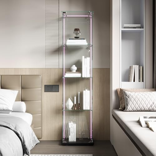 FEEOHOME Glasvitrine Standvitrine, Sammlervitrine aus Glas, Transparent Vitrine mit 4 Schichten mit 1 Tür, gehärtetes Glas Vitrinen für Wohnzimmer, Schlafzimmer, Schwarz，39.8x35x163 cm