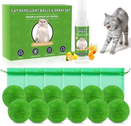 Bartuke Cat Repellent Balls & Spray Set, Dog Repellent Outdoor & Indoor | Natural Peppermint Oil Pet Deterrent Spray 60ml, 12 Pack Natural Essential Oil Ball, Keep Cats Away from Yard, Furniture