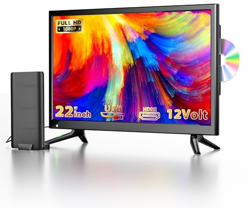 Desobry 22 Inch Mini TV with Built-in DVD Player, 1080P Small television with Antenna and DVB-T2 tuner, HDMI/USB/AV Input, 12V TV-DVD Combo for Motorhomes/Caravans/Kitchen/Bedroom/RV