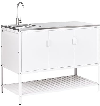 Beliani Armoire de Cuisine d'Extérieur Plateau en Acier Inoxydable à 3 Portes avec Évier Meuble de Jardin Blanc Maenza