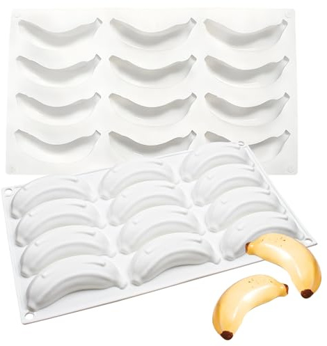 Stampo in silicone 3D a forma di banana, 12 cavità per dessert come mousse, torte, cioccolatini, dolci al cioccolato, tartufo, gelatina, biscotti e budino