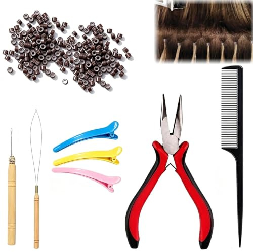 207Psc Hair Extensions Tools Kit, Nano Beads Hair Extensions Kit, 1 Pc Micro Bead Plier 2 Pcs Loop Needle Threader Pulling Hook 3 Pcs Plastic Alligator Clips 1 Pc Comb with 200pcs Nano Beads Links