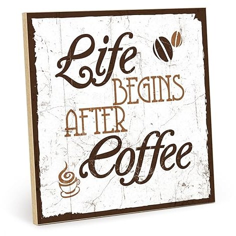 TypeStoff Holzschild mit Spruch - Life begins after coffee - Vintage Schild als Geschenk und Dekoration - HS-00074