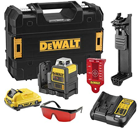 DeWalt Linienlaser (2x 360°, Laserdiode rot, 635 Nm, Laserklasse 2, Lasersichtbarkeit bis 20 m, inkl. 1x 10,8 Volt Akku, Ladegerät, Wandhalterung, Zieltafel, Laserbrille und Transportkoffer), Schwarz/Gelb/Grün