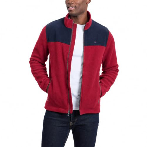 Tommy Hilfiger herr klassisk dragkedja fram polär fleecejacka fleecejacka, Röd, M