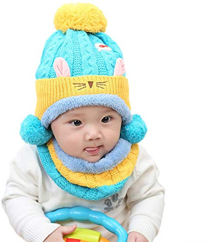 Lazeny Baby Strickmützen Niedlich Katze Kindermützen Wintermütze mit Plush Schal Häkelstrick Winter Warm Hüte Schlupfmütze Gestrickte Kappe Schnee Hut für Mädchen Jungen Kleinkind (6-48 Monate)-Blau