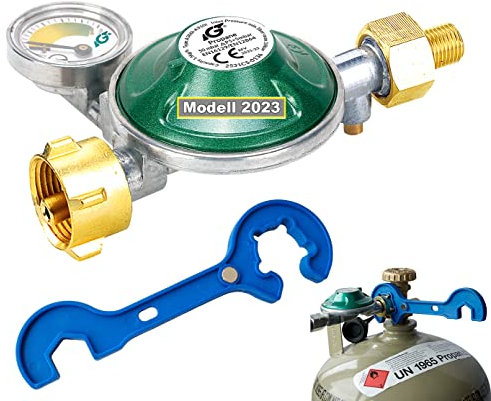 Bluecraft Gasregler 50 mbar mit Manometer für Gas-Grill, Gaskocher | Gas-Füllstandsanzeige Gasflasche | Propangas Druckminderer Camping | Druckregler-Schlüssel mit Magnet