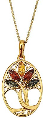 Kiara Jewellery Blandade bärnstensfärgade guldpläterade 925 sterling silver ovala sammanflätade livets träd hänge halsband på 45 cm italiensk diamantslipad pansarkedja eller spårkedja., Sterlingsilver, Amber