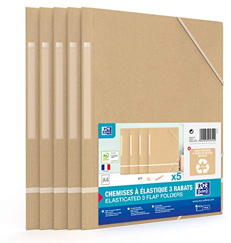 Oxford Touareg - Carpetas de 3 solapas con goma elástica, tamaño A4, cubierta de tarjeta reciclada, color beige natural