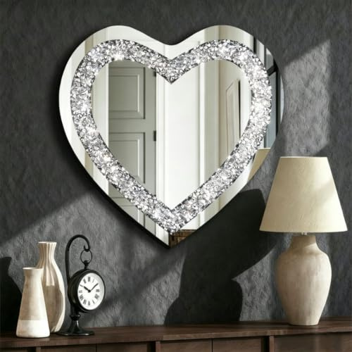 DMDFIRST Crystal Crush Diamond Herzförmiger Silberspiegel für Wanddekoration, 61 x 61 x 2,5 cm, Wandbehang, rahmenloser Spiegel, Acryl-Diamant-Dekor.
