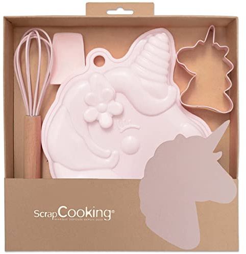 ScrapCooking - Einhorn Backset für Kinder - Geschenkset 4 Utensilien: Schneebesen, Löffel, Backform & Ausstecher - Holz, Silikon & Edelstahl - Für Kuchen, Kekse - 1135, Rosa