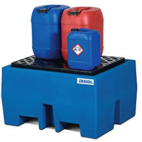 Denios Auffangwanne aus Kunststoff | mit Gitterrost aus Kunststoff | blau | BxHxT 760 x 525 x 910 mm | Volumen 240 Liter | 1 Fass | Arbeitssicherheit Notfall-Umweltschutz-Produkte säurefest