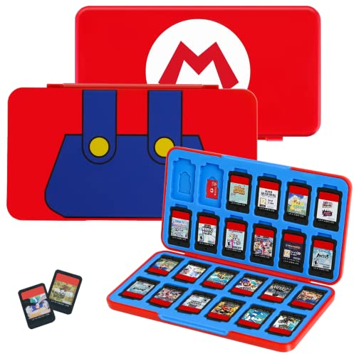 Rangement Jeux Switch pour Cartes de Jeu Nintendo Switch ou cartes mémoire Micro SD,Compatible avec Nintendo Switch OLED/Switch/Switch Lite, Boîte de Rangement en Silicone avec 24 Fentes, Mario Rouge