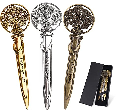 Vintage Metal Letter Opener Antique Pack of 3 Envelope Slitter with Gift Box Ancient Tree Shaped Mail Opener for Office Mail Supplies