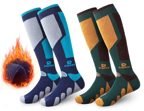 RIOROO Mens Ski Socks, 2 Pairs Mens High Performance Thermal Knee High Winter Socks for Skiing, Sowboard, Hiking, Walking, Trekking, Long and Warm,Cushioned Sole Breathable Quick Dry