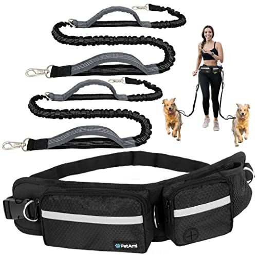 PetAmi Hundkoppel handsfree för hundar, midjeväska för promenader, jogging, dubbel dragkedja ficka med bajspåsdispenser, dubbla vadderade handtag, elastiskt koppel