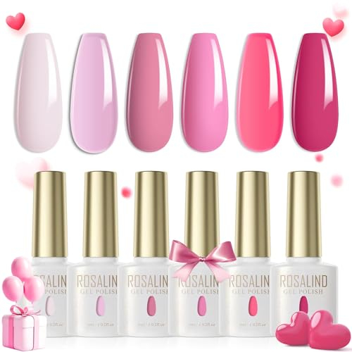 ROSALIND UV Nagellack Pastell,6 Farben Rosa Neonrosa Dunkelrosa Hellrosa Helllila Pink Estate Set Farbgel für Gelnägel UV Gel Nail Polish Valentinstag Für UV Lampe Frühling Sommer Farbe