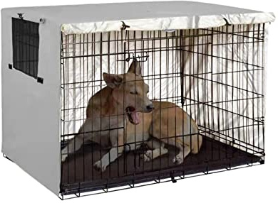 Hundekäfig Abdeckung, Abdeckung für Hundekäfige, Langlebiger Wasserdichter Winddicht Hundebox Abdeckung mit Doppeltür, für den innen und außenbereich (Grau M)