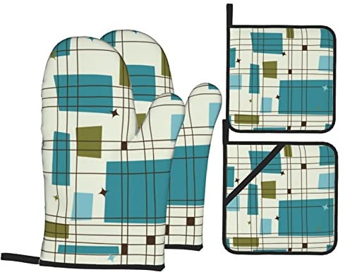 4 Pièces Manique Et Gant pour Cuisiner Partie Moderne du Milieu du Siècle Gant De Four Anti Chaleur Gant Cuisine pour La Cuisine, Barbecue, La Cuisson