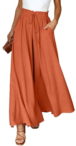 Dokotoo Sommerhose Damen Leicht Palazzo Hose Elegant Sommer High Waist Baggy Leinenhose Freizeithose Baumwolle Leinen Weite Hosen mit Taschen Kordelzug Elastisch Einfarbig Stoffhose S-XXL