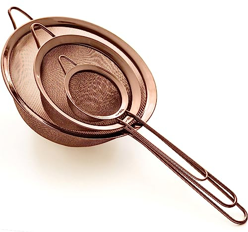 Proto Future Hochwertiges Küchensieb Set, Feinmaschig - 8.5/14/20cm - Premium 304 Edelstahl - Langlebige Siebe in Kupfer Farbe, Sieb Set für die Küche