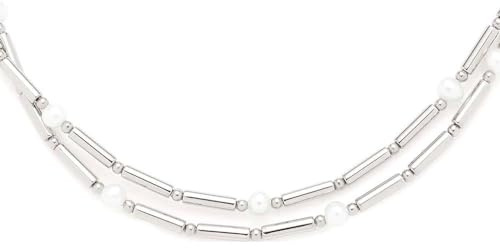 JEWELS BY LEONARDO Halskette Mirella • doppelreihige Hals-Kette aus silberfarbenem Edelstahl • Süßwasserperlen und Edelstahl-Stäbchen im Wechsel • Länge 45-50 cm • Schmuck Geschenk Damen • 023336
