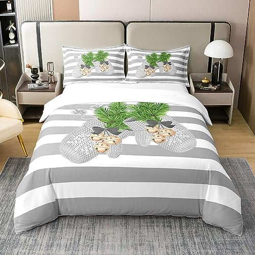 100% Bio-Baumwolle Graue Streifen Bettbezug 200x200 Handschuhe Druck Bettwäsche Set Weihnachtsthema Tröster Abdeckung Nette Weihnachten Geometrisch Gestreifte Bett mit 2 Kissenbezüge Hautfreundlich