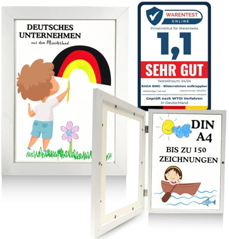 Bada Bing Bilderrahmen A4 für Kinderzeichnungen in weiß - Kunstfotorahmen aufklappbar mit Frontöffnung für bis zu 150 Kinderbilder - Befüllbarer Fotorahmen - Rahmen zum Sammeln von Bildern