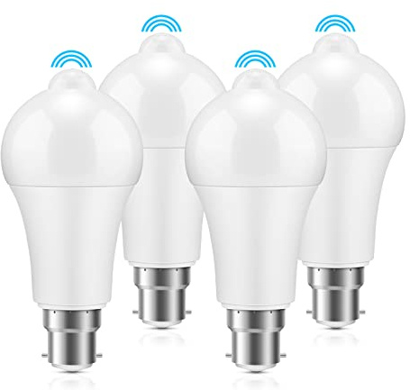 Bayonet Sensor Light Bulb, 4er Motion Sensor Light Bulbs B22 Bulb 2700k | LED Light Bulb Bright White Energy Saving Light Bulbs bayonet, Bulb PIR Sensor for Entrances Stairs Corridors Balconies