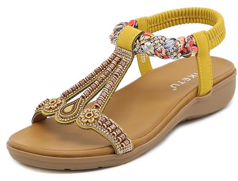 Meik Mangni Mujer Sandalias Planas Verano Bohemio Sandalias de Playa Punta Abierta Clip Toe Pisos Cómodo Casual Zapatos C Amarillo 39 EU