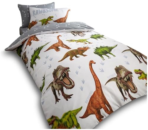 VELVETIO Dinosaur Duvet Cover Set Single with Pillowcase, Soft Breathable Printed Kids Bedding Quilt, Wildlife Animal Comforter Bedset for Boys & Girls, Multi