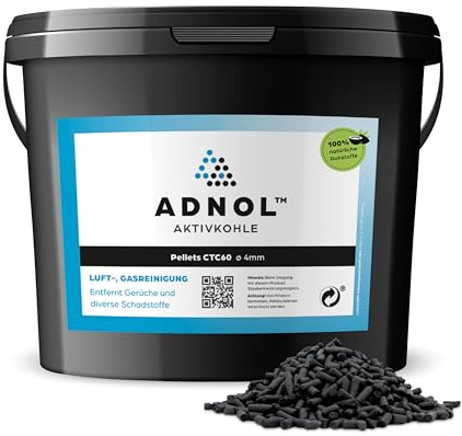 ADNOL® Activated Carbon Pellets 10 Litres of Coconut Shells for Air Purification and Gas Cleaning e.g. for Cooker Hoods, CTC60, Diameter 4 mm, Energy Class A, Can be Used as Carbon Filter