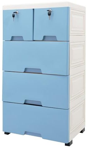 Kommode aus schubladenregal 6 schubladen Aufbewahrungsschrank mit 4 Räder 50 * 35 * 102cm Freistehend Schubladenregal Geeignet für die Organisation von Kleidung Accessoires Spielzeug usw (Blau)