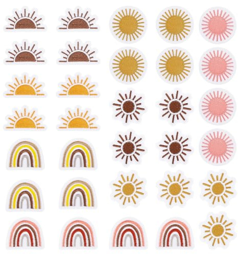 Qianyu 32 Stück Vintage Bügelflicken mit Sonne und Regenbogen Bestickte Flicken zum Aufnähen Aufbügeln Applikation Retro-Sommer Dekorative Reparatur DIY-Bastelzubehör für Kleidung Jeans Rucksäcke Jean