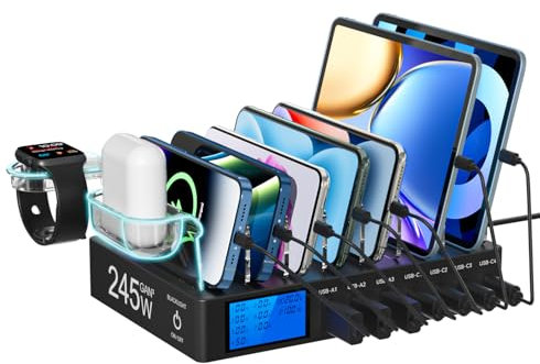 Rsydmny Stazione di Ricarica da 245W, 7 Porte Dispositivi Multipla, con schermo LCD, Ricarica Rapida USB C PD da 100W per iPhone, Tablet e Altri Dispositivi Elettronici（Senza cavo di ricarica）