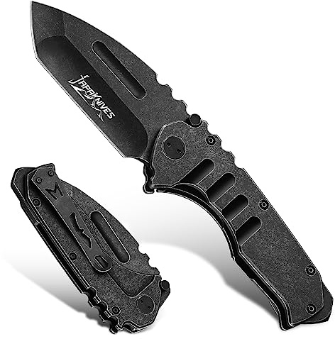 Japaknives Tanto Taschenmesser Outdoor- D2 Stahl - 5 mm Dicke, 8 cm Klinge | Steingewaschene Oberfläche, Hochbelastbar, Ergonomischer Griff, Klappmesser für Camping Bushcraft, Geschenk für Männer